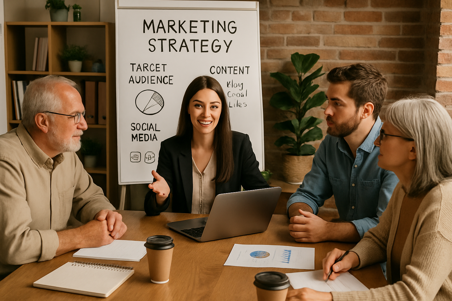 Family-owned company team meeting discussing marketing strategies