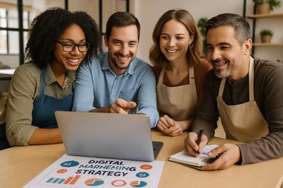 Local business owners collaborating on a digital marketing strategy