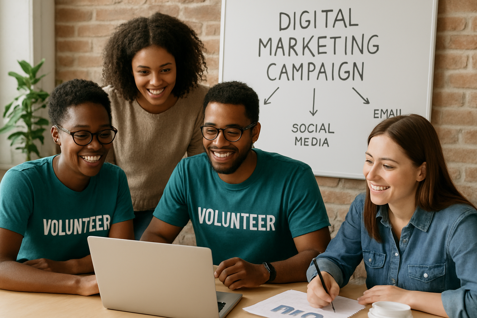 Nonprofit organization staff collaborating on a digital marketing campaign